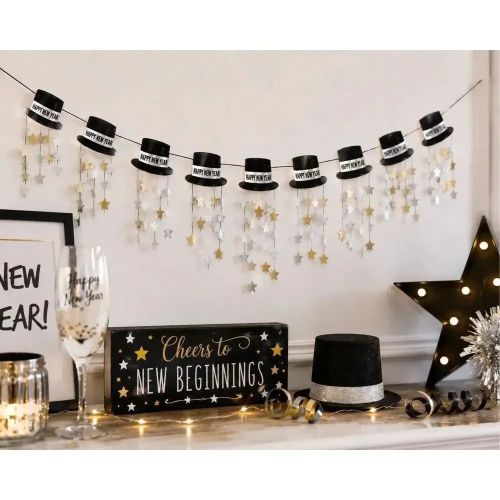 Stunning 3D Top Hat Garland Happy New Year party decoration black silver gold